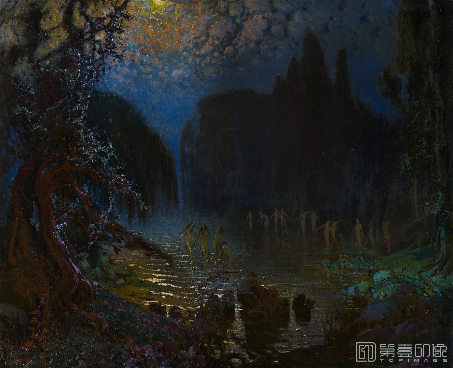 油画-西班牙喀门蒂森美术馆藏画-Antonio Muñoz Degrain Nymphs bathing-013